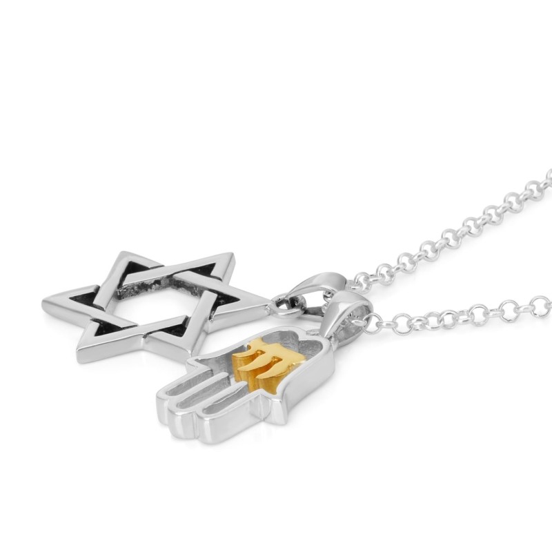 מגן דוד וחמסה עם עט כפול חי מצופה זהב מכסף סטרלינג